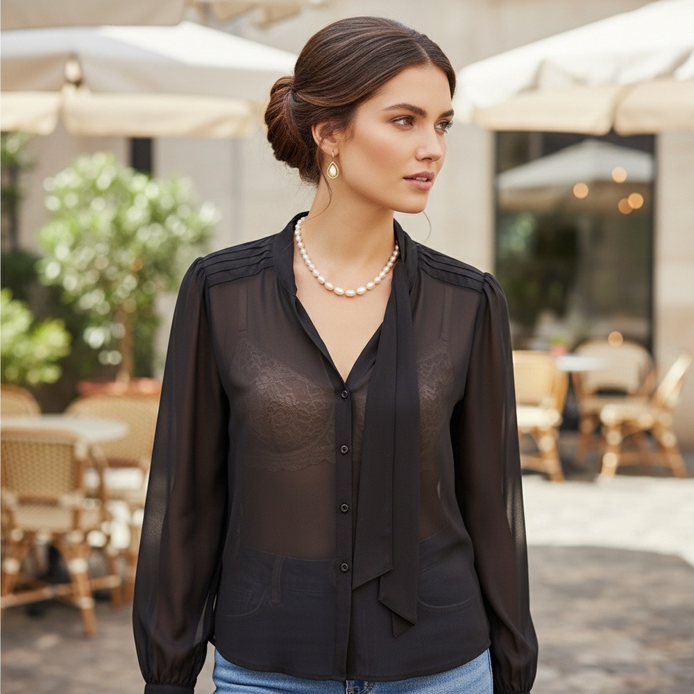 Ann Taylor‎ Black Sheer Tie-Neck Blouse M | Witchy, Grunge, Dark Academia, Chic